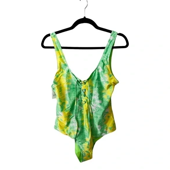 NWT GANNI Tie Dye Lace-up Green Yellow One-piece Swimsuit Sz 42 - Picture 2 of 7